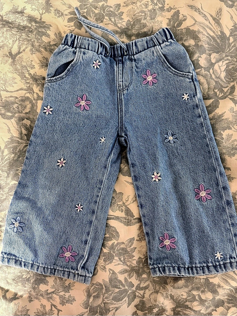 Zara Floral Embroidered Denim Trousers Blue & Pink Girls Jeans